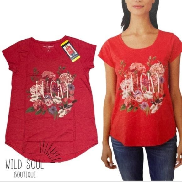 LUCKY BRAND Floral Red Graphic Tee NWT - Small - Picture 2 of 5